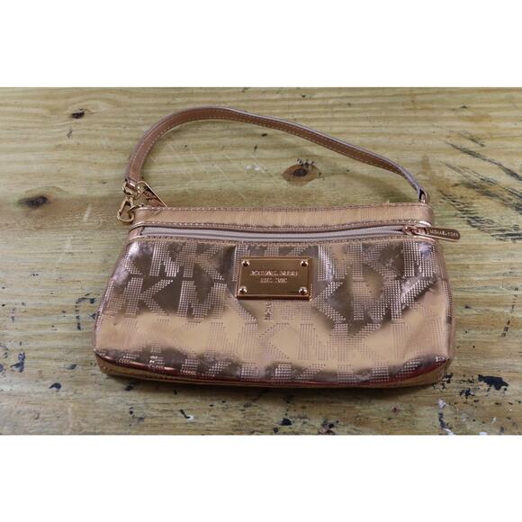 MICHAEL KORS Clutch Wristlet Rose Gold Monogram Logo Mirror Metallic Zip - Picture 2 of 14